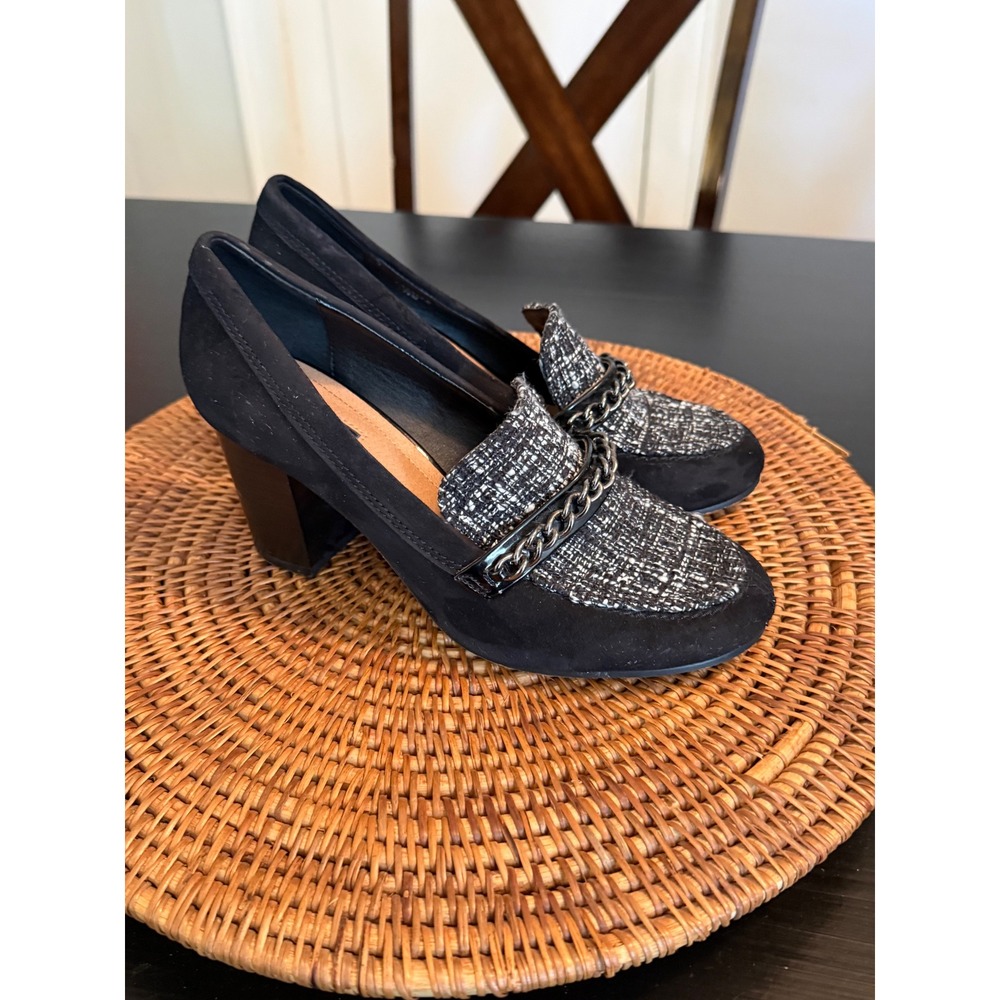 Tahari LaSalle Black Tweed Chain Link Block‎ Heel Loafer Pumps Women 7.5M
